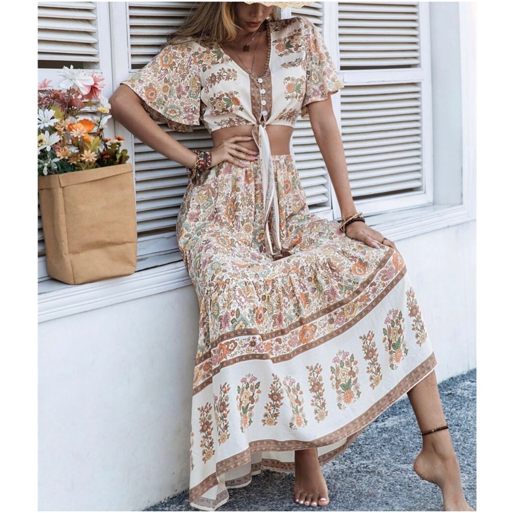 Boho Floral Print Button up Crop Top Maxi Skirt Set - Picture 6 of 6